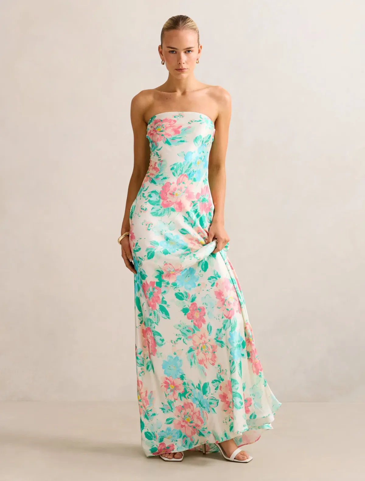 Forever New Kai Strapless Satin Maxi Dress in Fable Floral - Image 1