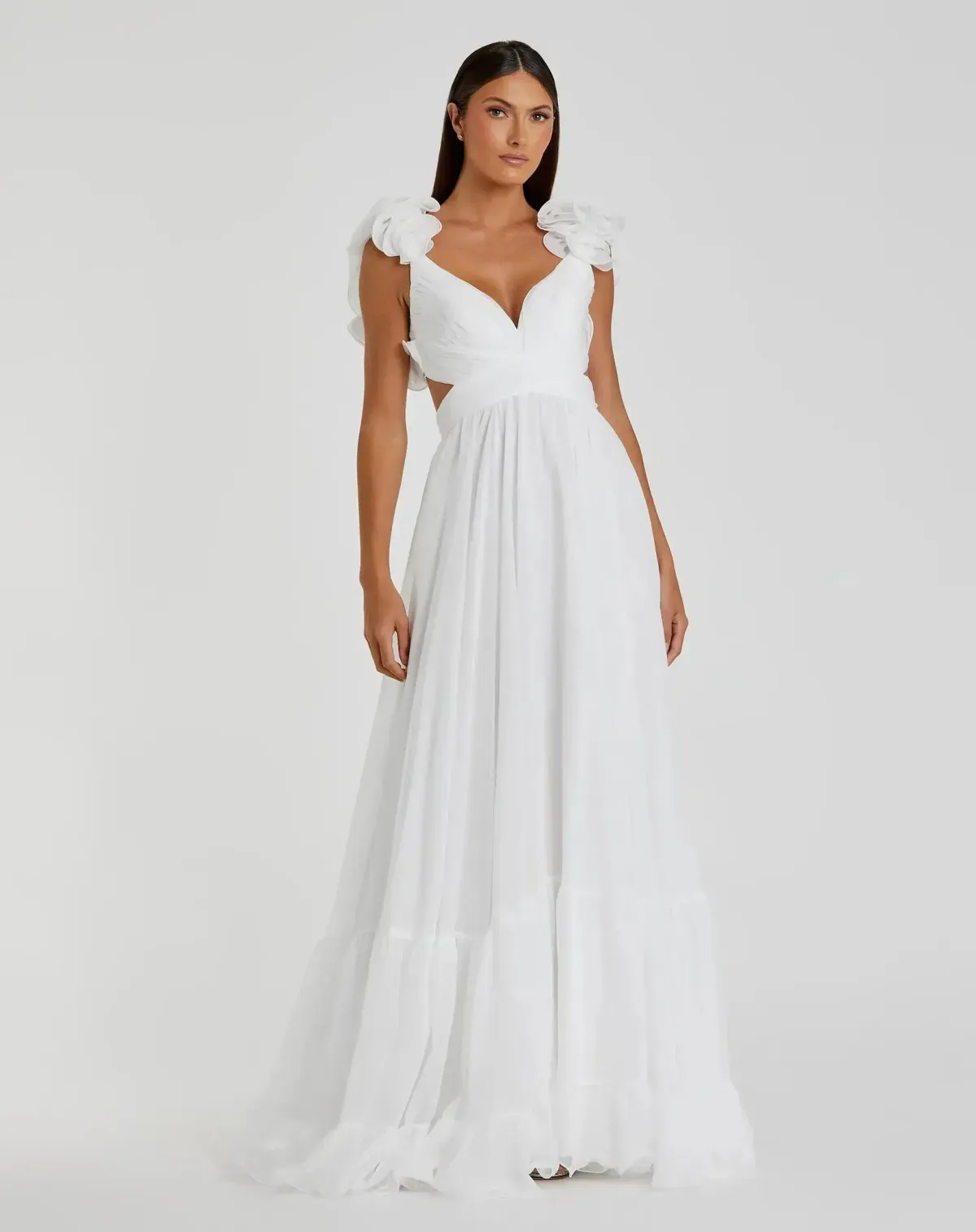 MAC DUGGAL - White Ruffle Tiered Cut-Out Chiffon Gown: Size US 4 / Au 8 for rent on The Volte - main image