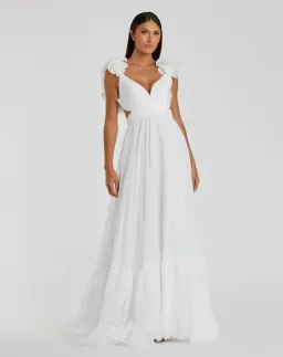MAC DUGGAL - White Ruffle Tiered Cut-Out Chiffon Gown: Size US 4 / Au 8 for rent on The Volte - image 1