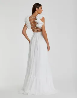 MAC DUGGAL - White Ruffle Tiered Cut-Out Chiffon Gown: Size US 4 / Au 8 for rent on The Volte - image 3