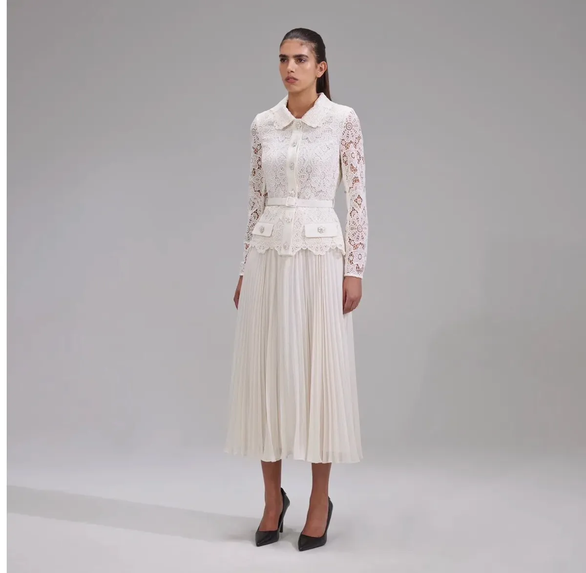 Self-Portrait Belted Crystal Embellished Guipure Lace Midi Dress - Image 5