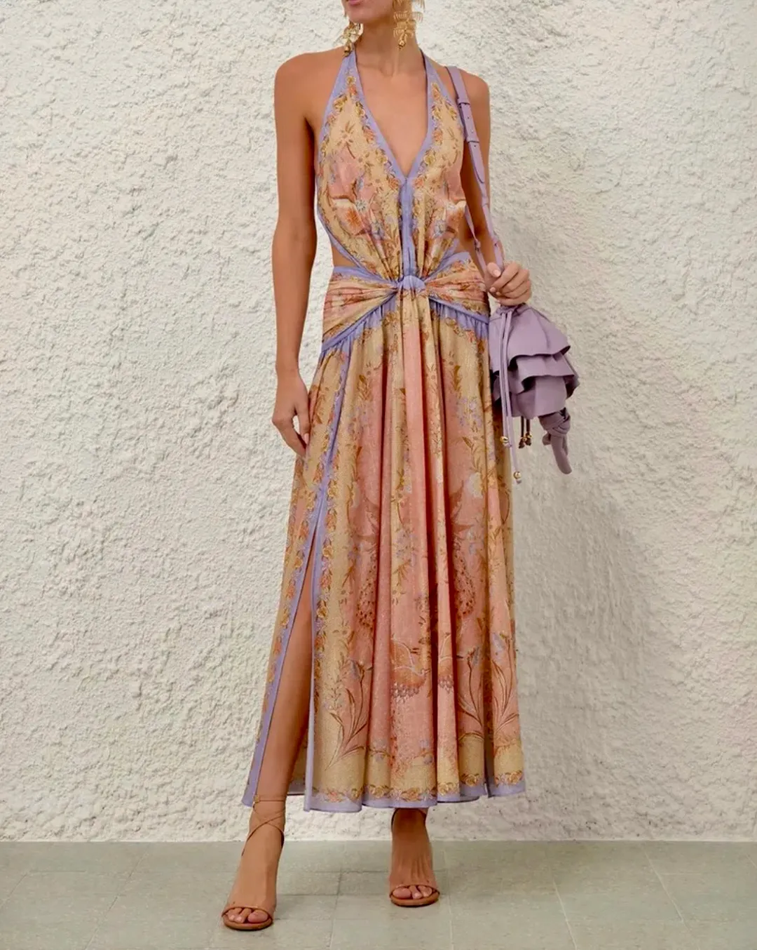 Zimmermann Indra Plunge Halter Maxi Dress Pink Scarf Floral s0 for rent on The Volte - main image