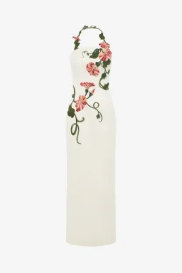 Leo Lin Ava Halterneck Appliqué Floral Bustier Maxi Dress Vine Print in Snow Size 12 for rent on The Volte - image 1