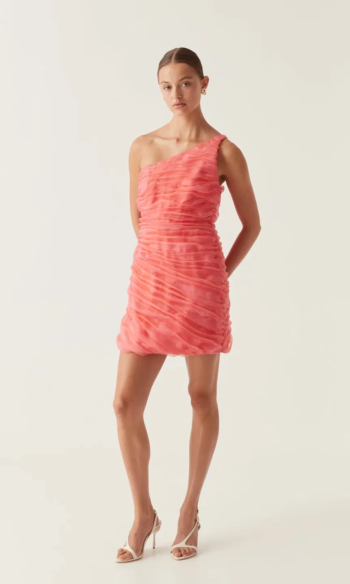Aje Mercury Iridescent Mini Dress Coral Pink Size AU 6 / XS for rent on The Volte - main image