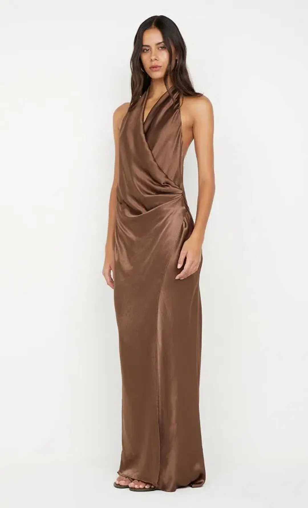 🤎 Bec and Bridge Elisia Wrap Maxi Dress in Milk Chocolate Brown - Size 10 AU Satin formal gown🤎 for rent on The Volte - main image