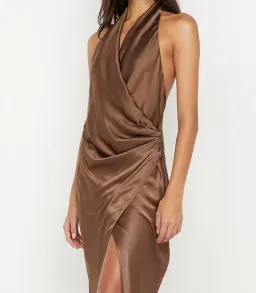 🤎 Bec and Bridge Elisia Wrap Maxi Dress in Milk Chocolate Brown - Size 10 AU Satin formal gown🤎 for rent on The Volte - image 3