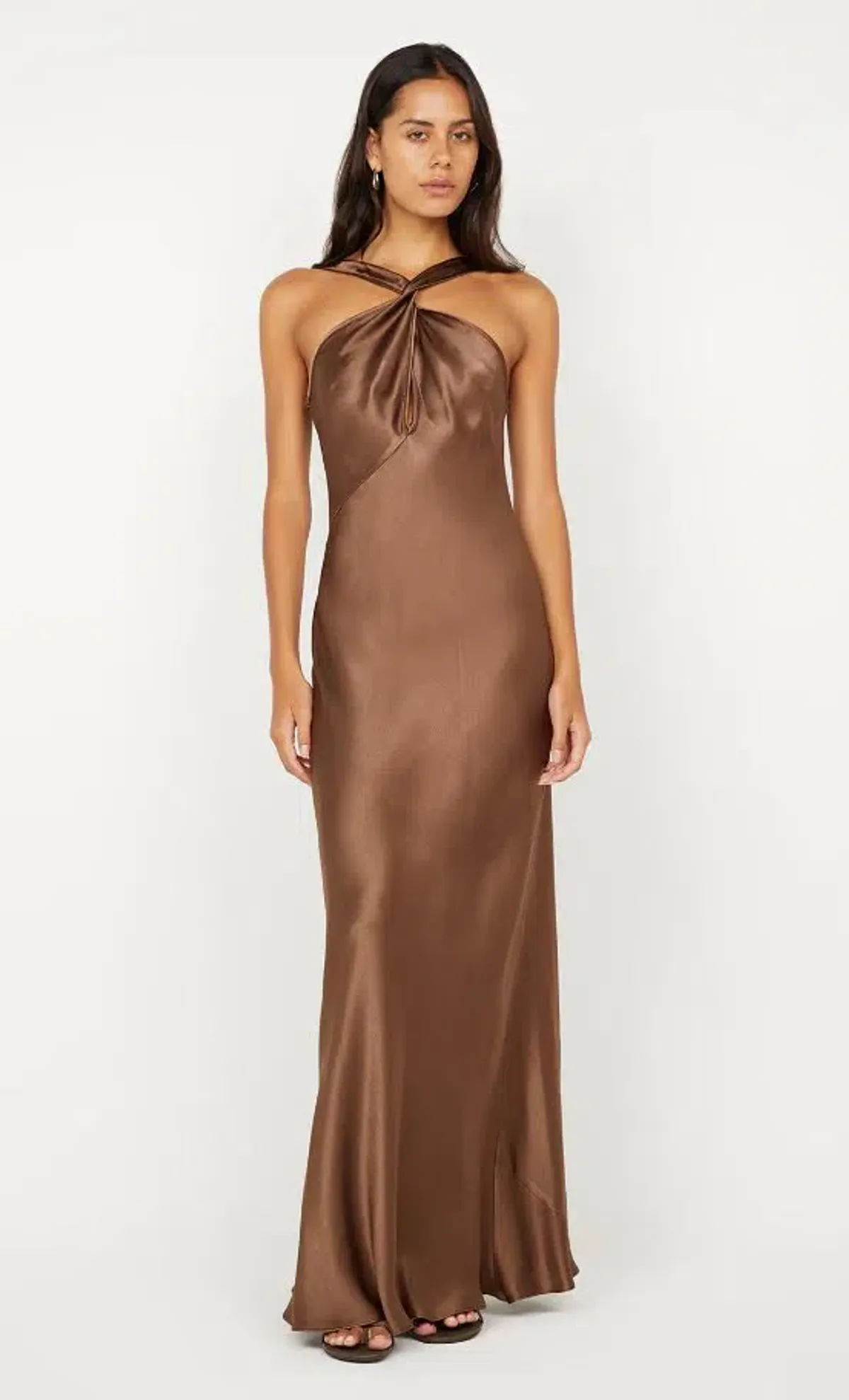 Bec & Bridge Elisia Twist Satin Maxi Dress in Milk Chocolate Size AU8 for rent on The Volte - main image
