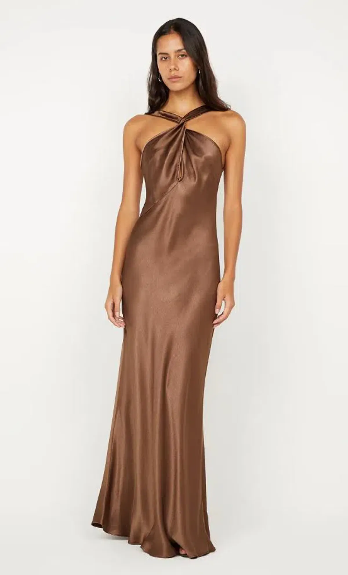 🤎 BEC + BRIDGE Elisia Twist Satin Maxi Dress – Milk Chocolate Brown – Size AU 8 🤎 - Image 3