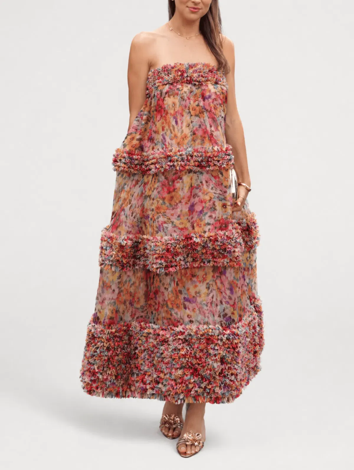 Zimmermann Luna Ruffle Bandeau Gown Multi Floral Size 0 / AU 8 for rent on The Volte - main image