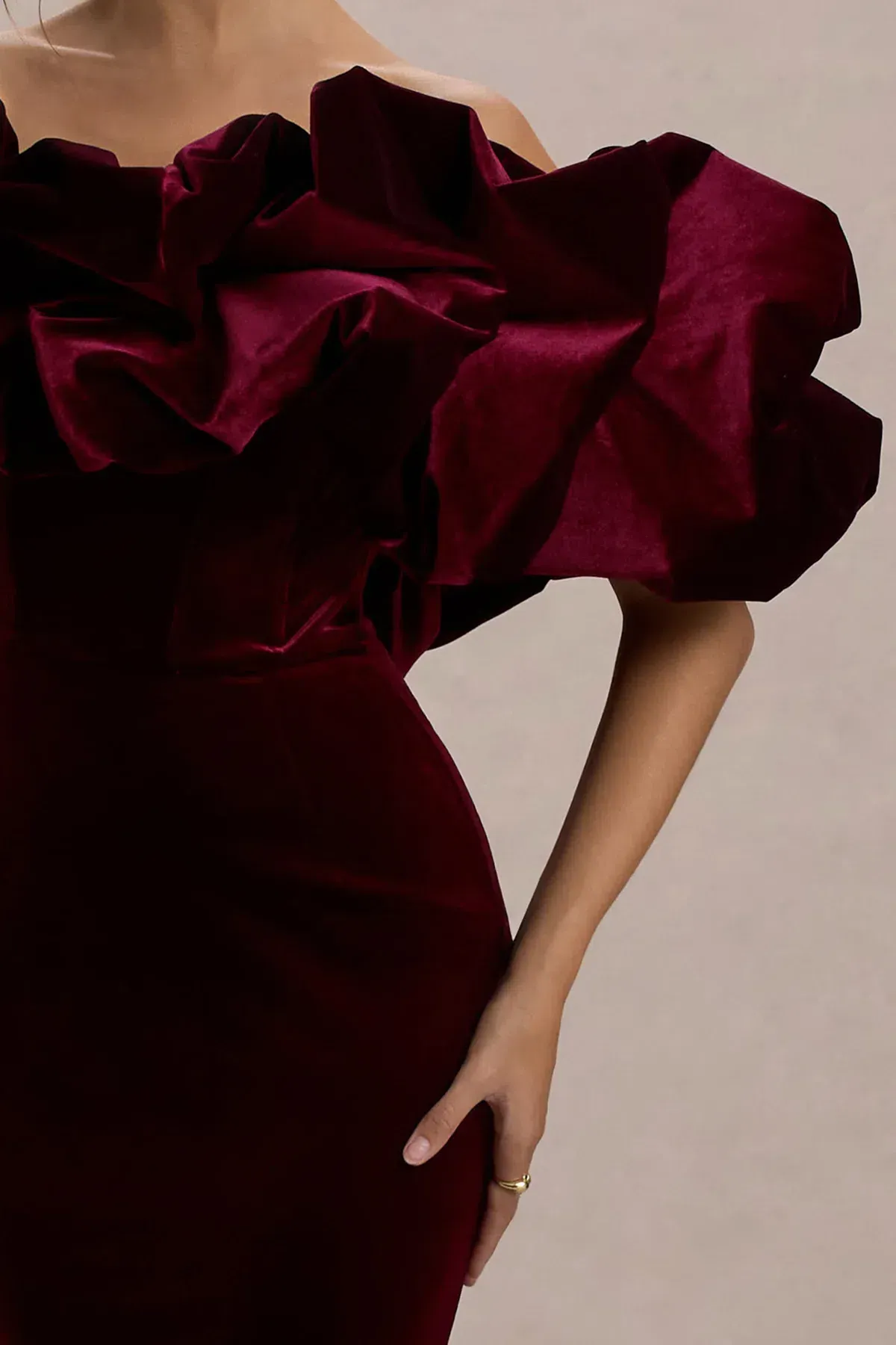 Club L London Port Velvet Bardot Maxi Dress With Velvet Ruffle Trim - Image 3