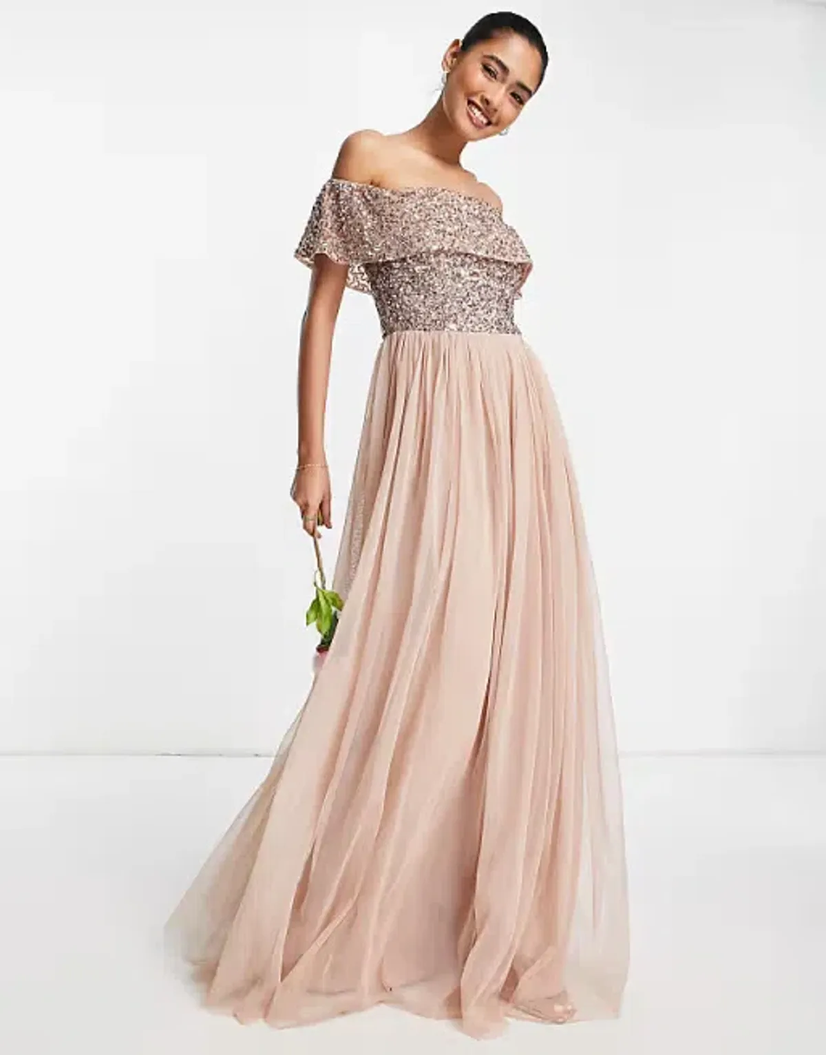 ASOS Maya Bardot Tulle Maxi Dress in Taupe Blush Size 8 - Image 1