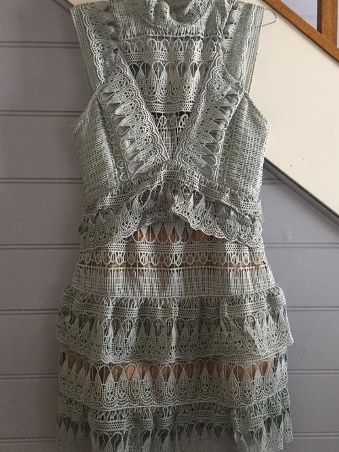Self Portrait Mint Tiered Guipure Lace Mini Dress Size 10 for rent on The Volte - main image