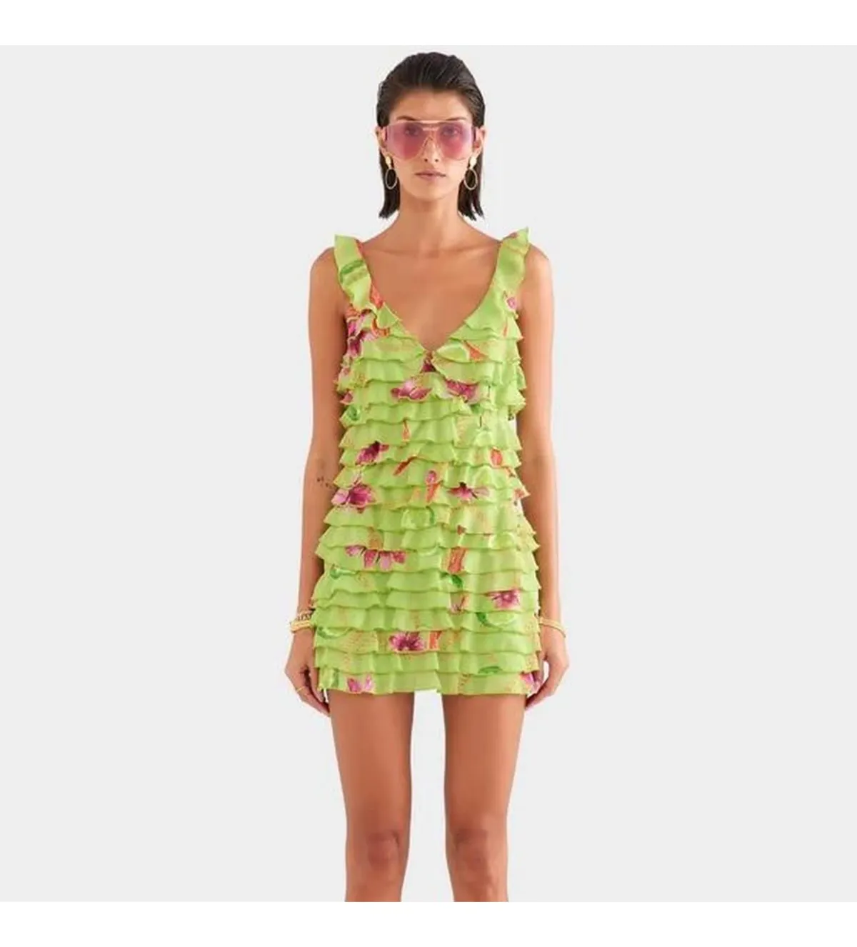 Venroy Ruffle Mini Dress in Lime Chilli Chain Size XS/AU 6 - Image 1