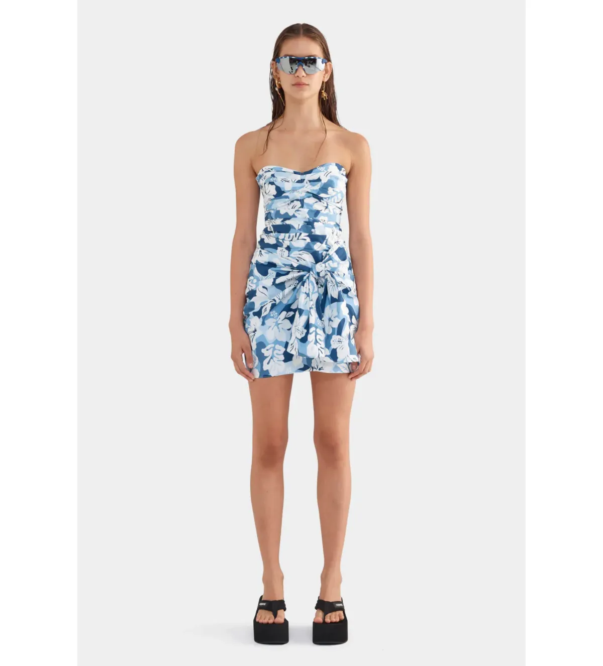 Venroy Ruched Cotton Strapless Mini Dress Blue Hibiscus Camo Size S/AU 8 - Image 1