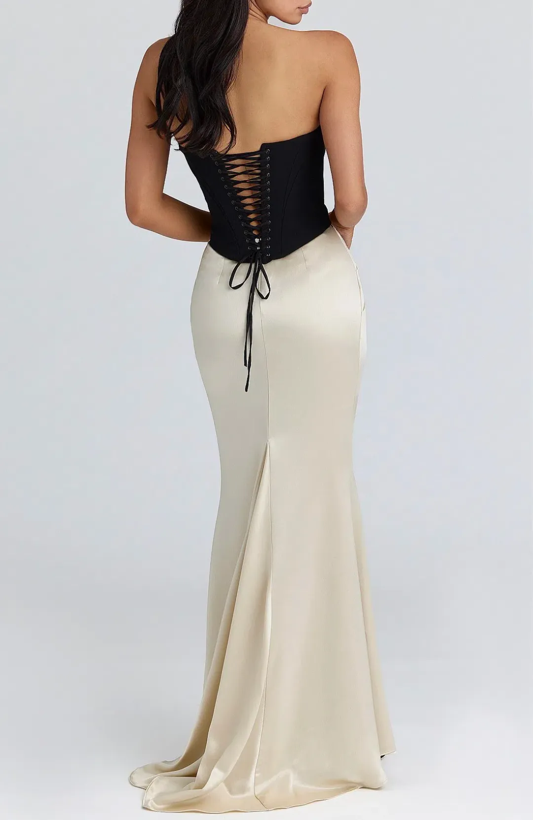 Black & Champagne Corset Maxi Gown for rent on The Volte - main image