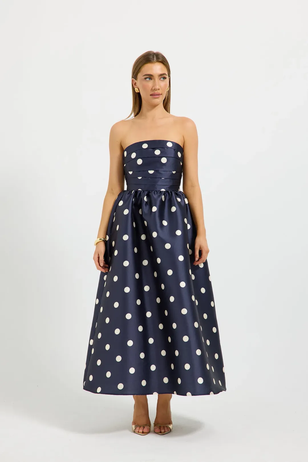 Pasduchas Dottie Strapless Midi Dress in Navy/Cream Size AU 14 for rent on The Volte - main image