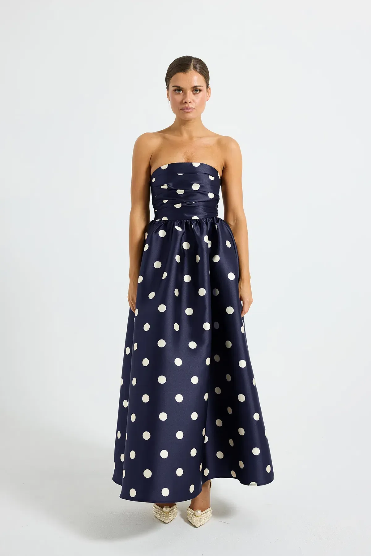 Pasduchas Dottie Strapless Midi Dress in Navy/Cream Size AU 14 - Image 1