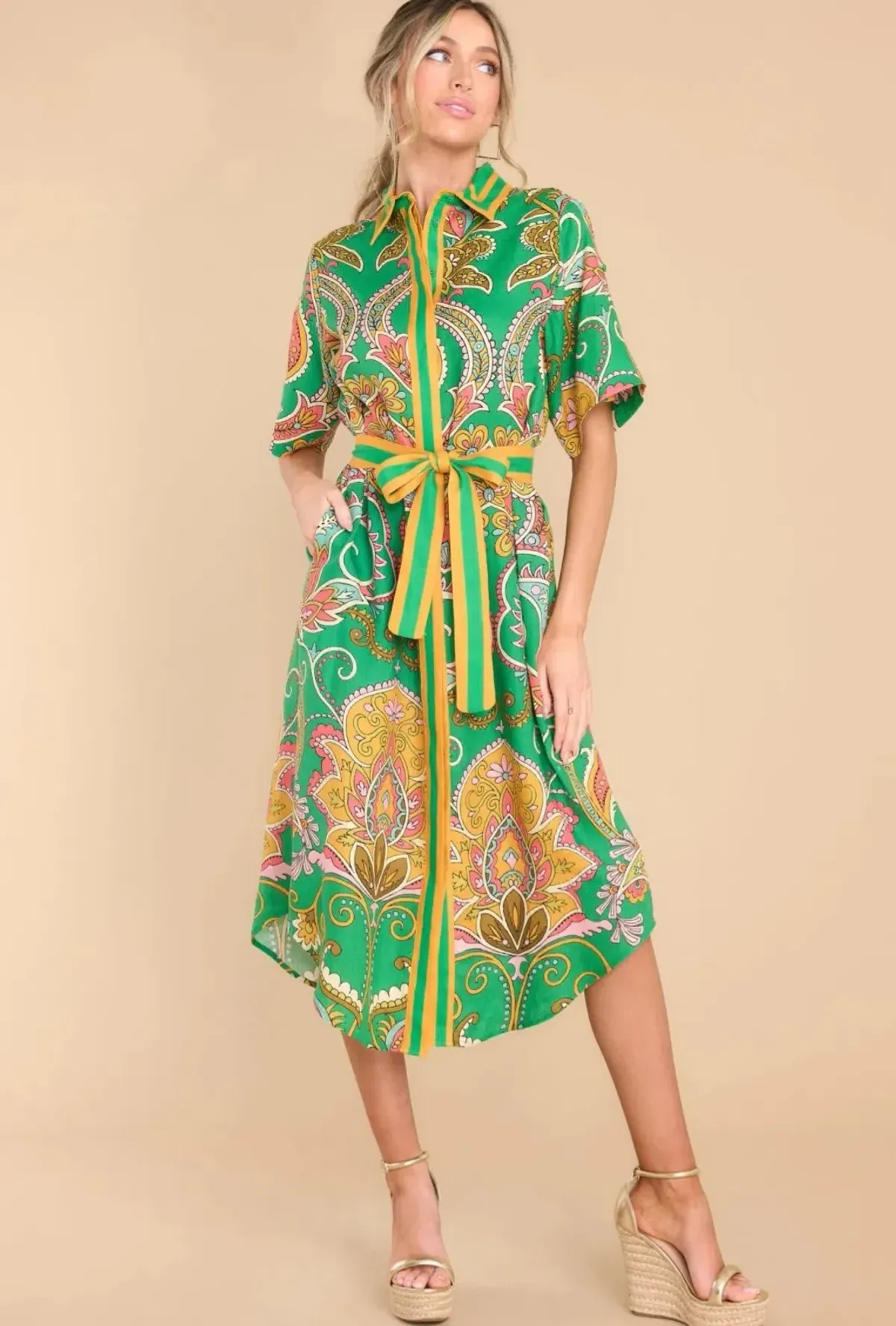 Alemais Marion Shirt Dress in Green Multi Size 14 - Image 1