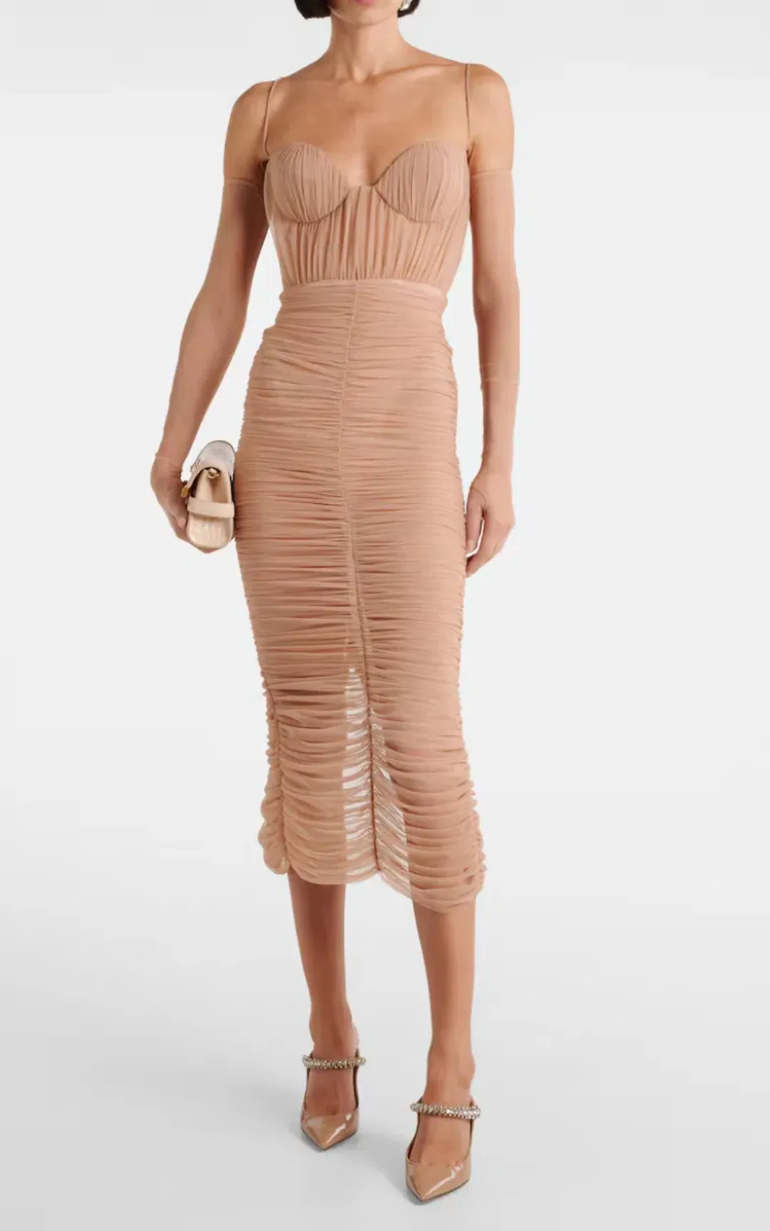Alex Perry Sweetheart Ruched Mesh Midi Dress Size 10 Sepia for rent on The Volte - main image