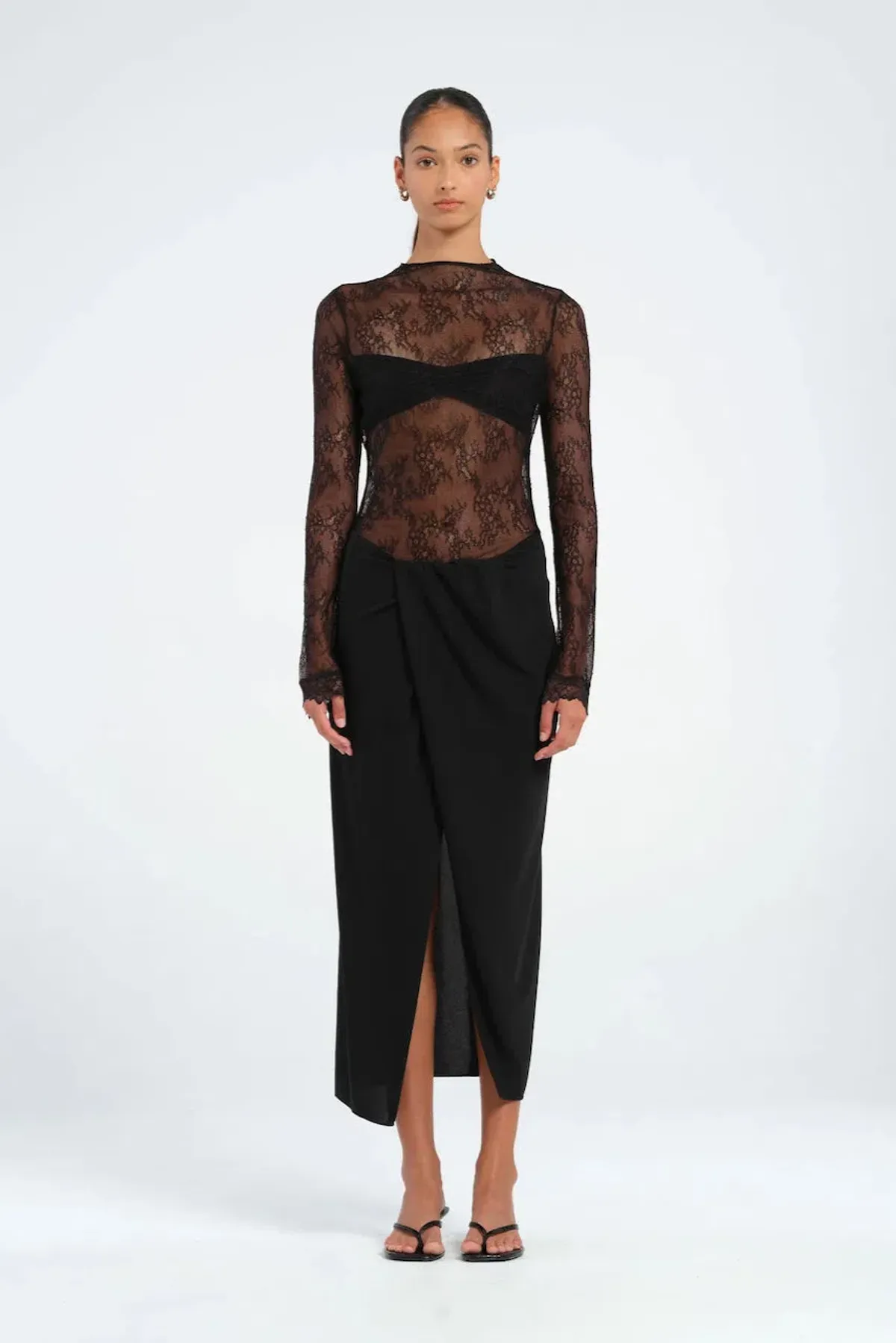 BENNI Colton MIDI Dress In Black Lace | Size AU 10 - Image 1