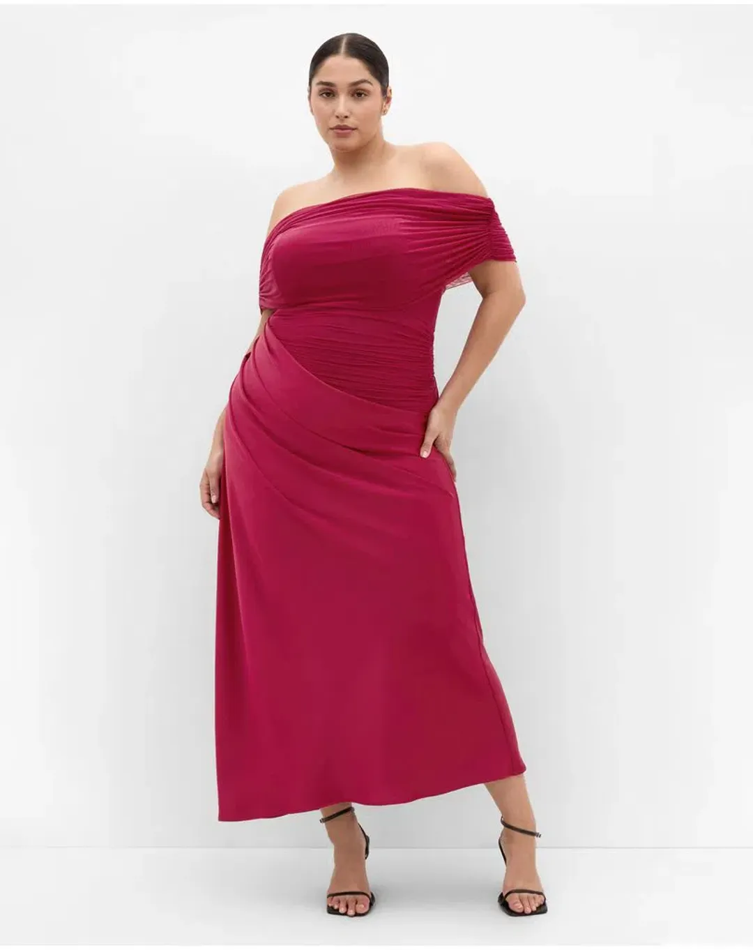 City Chic Tati Off Shoulder Maxi Dress size 20 Raspberry for rent on The Volte - main image