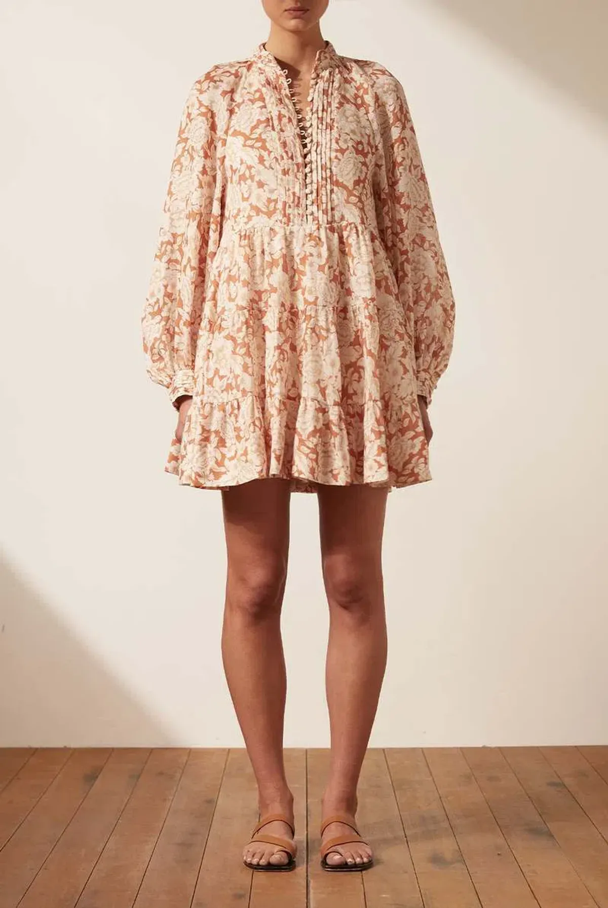 Flor Puff-Sleeve Linen Midi Dress In Floral Print - Image 1