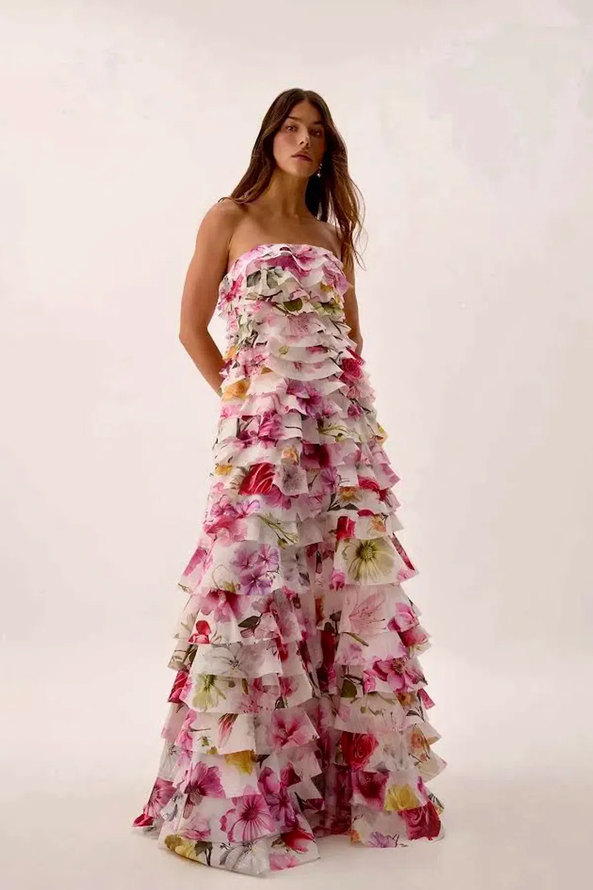 🌸 AJE Fleur Pleated Ruffle Gown – Collage Floral Pink Maxi Dress – Size 10 AU 🌸 for rent on The Volte - main image