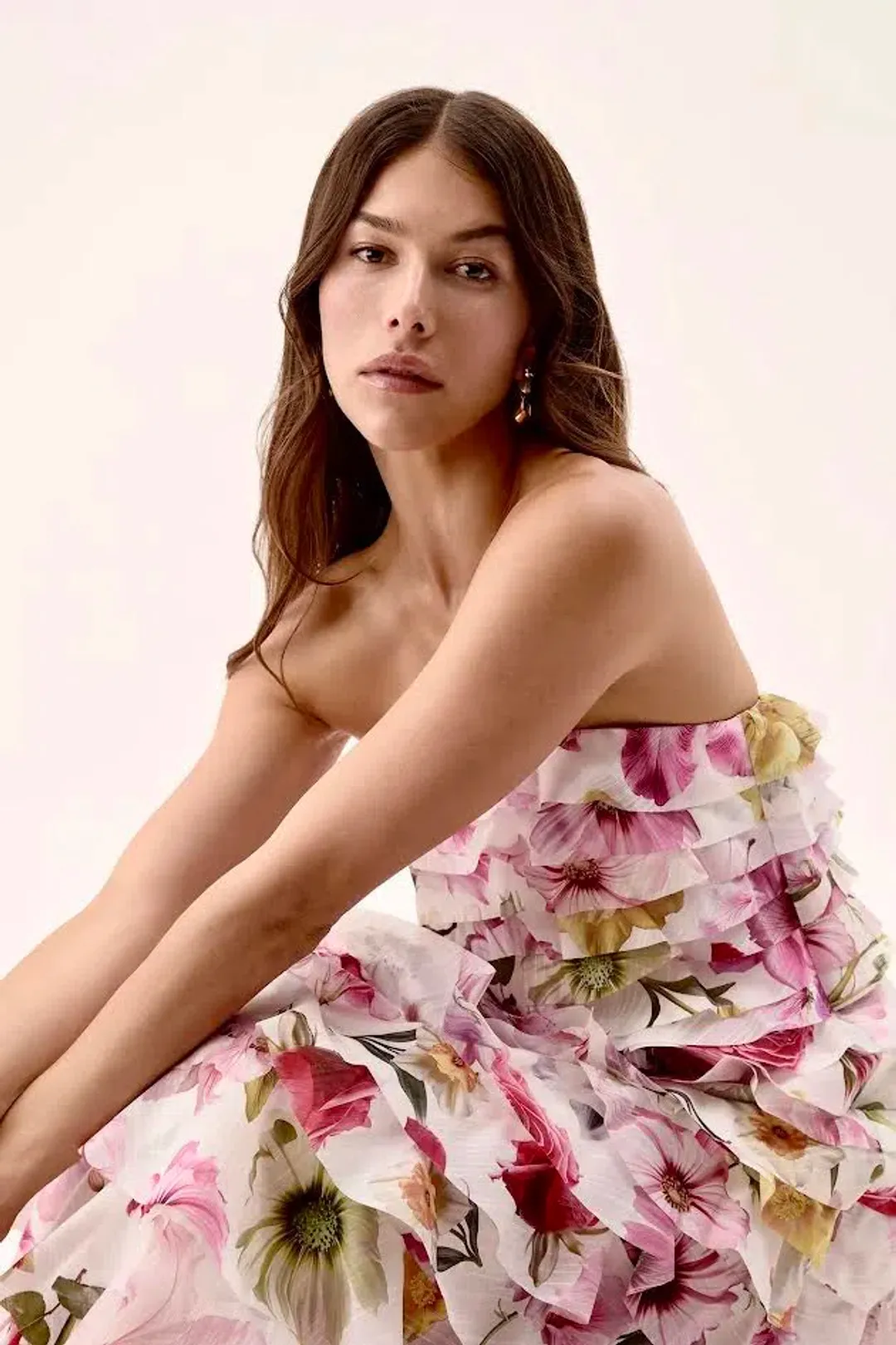 🌸 AJE Fleur Pleated Ruffle Gown – Collage Floral Pink Maxi Dress – Size 10 AU 🌸 for rent on The Volte - main image