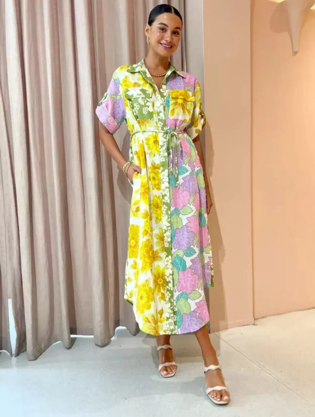 Alemais Elora Patchwork Shirt Dress in Multi Floral Size 10 - Image 1
