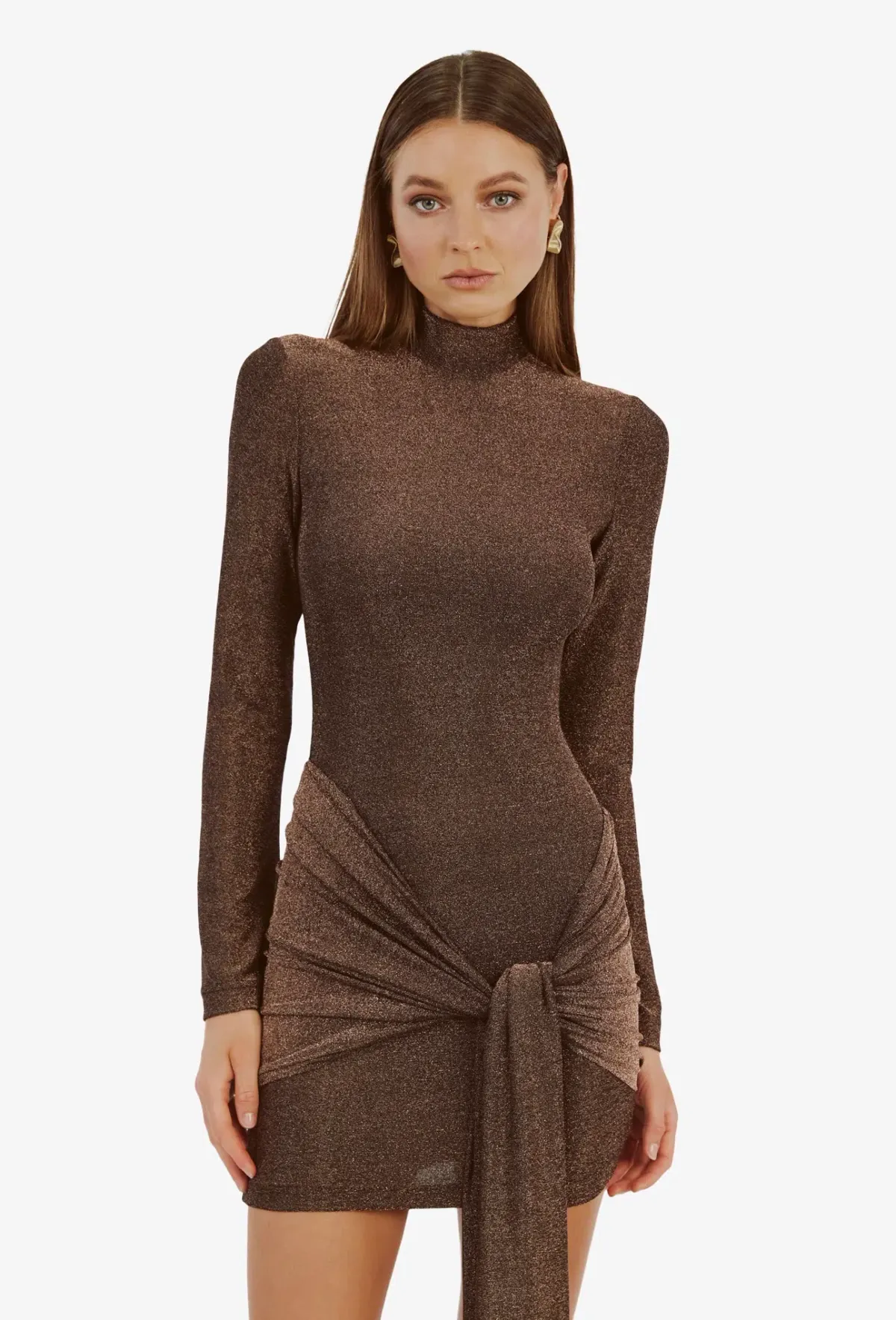 Bardot Seraphina Brown Sparkle Tie Front Mini Dress Size 12 - Image 3