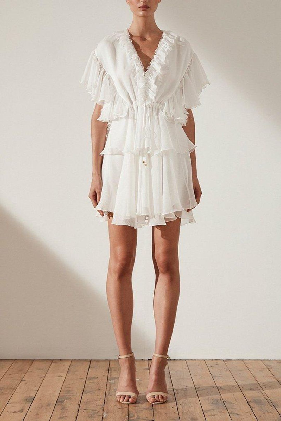 Shona Joy Ambra Ruffle Drawstring Mini Dress White Size 6 for rent on The Volte - main image