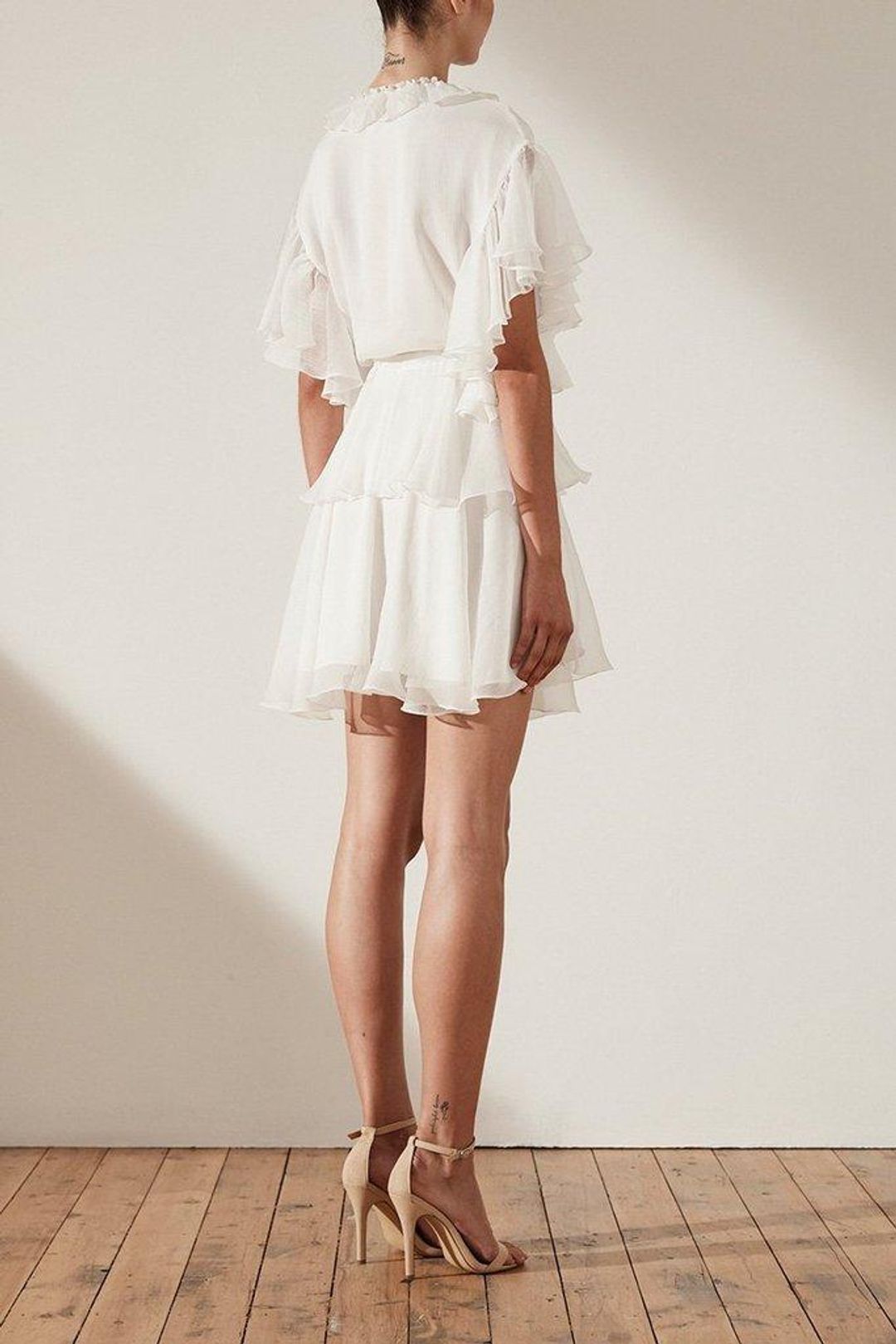 Shona Joy Ambra Ruffle Drawstring Mini Dress White Size 6 for rent on The Volte - main image
