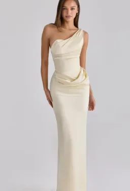 House of CB Caprice lemon one shoulder satin maxi dress Size XS for rent on The Volte - image 1