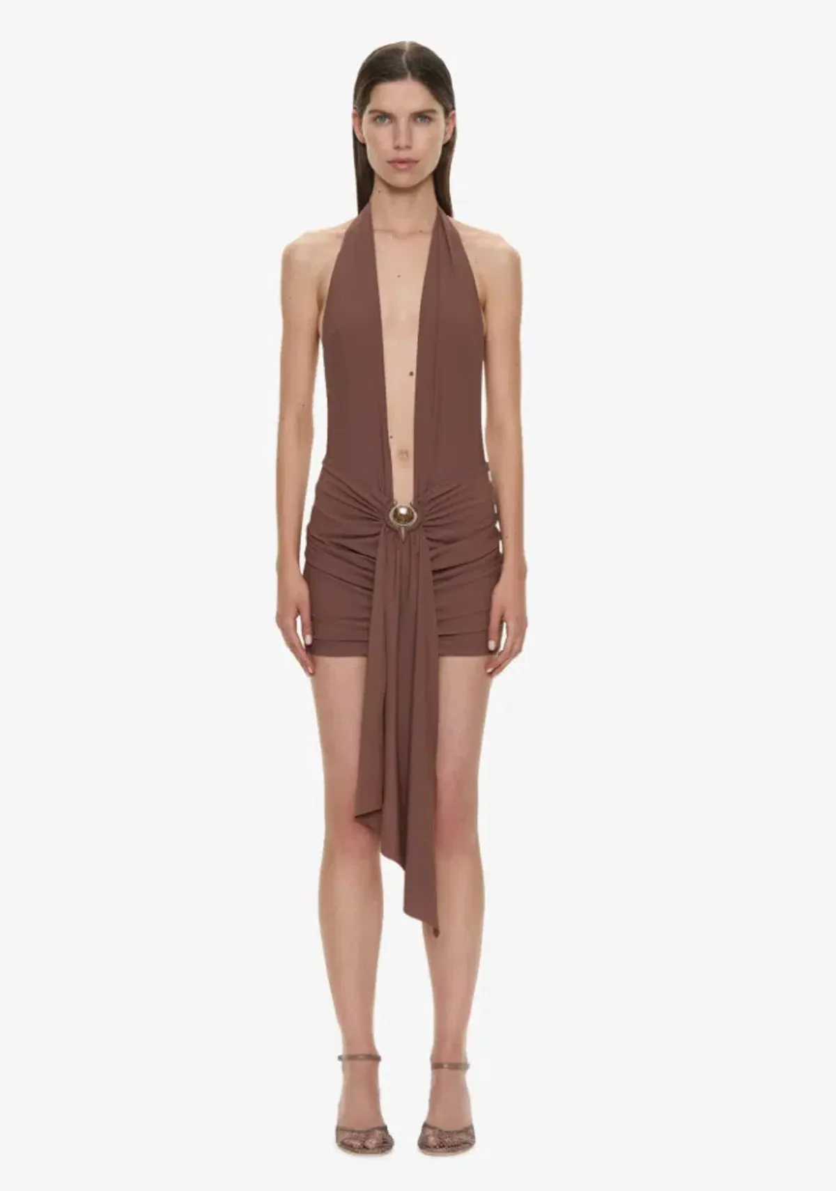 Christopher Esber Pierced Orbit Halter Drape Mini Dress husk brown Size 6 - Image 1