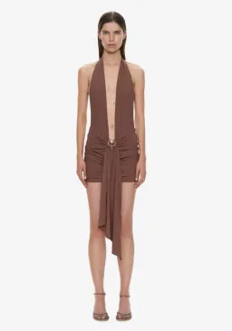 Christopher Esber Pierced Orbit Halter Drape Mini Dress husk brown Size 6 for rent on The Volte - image 1