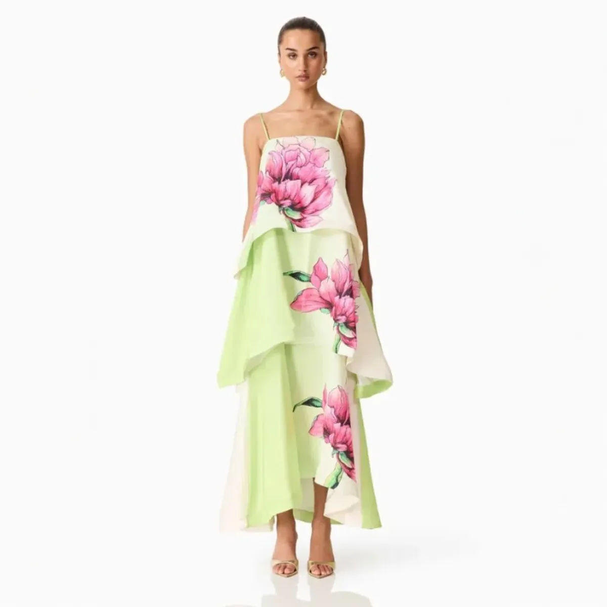 Elliatt Elisia Tiered Gown in Green & Pink Floral Small - Image 1
