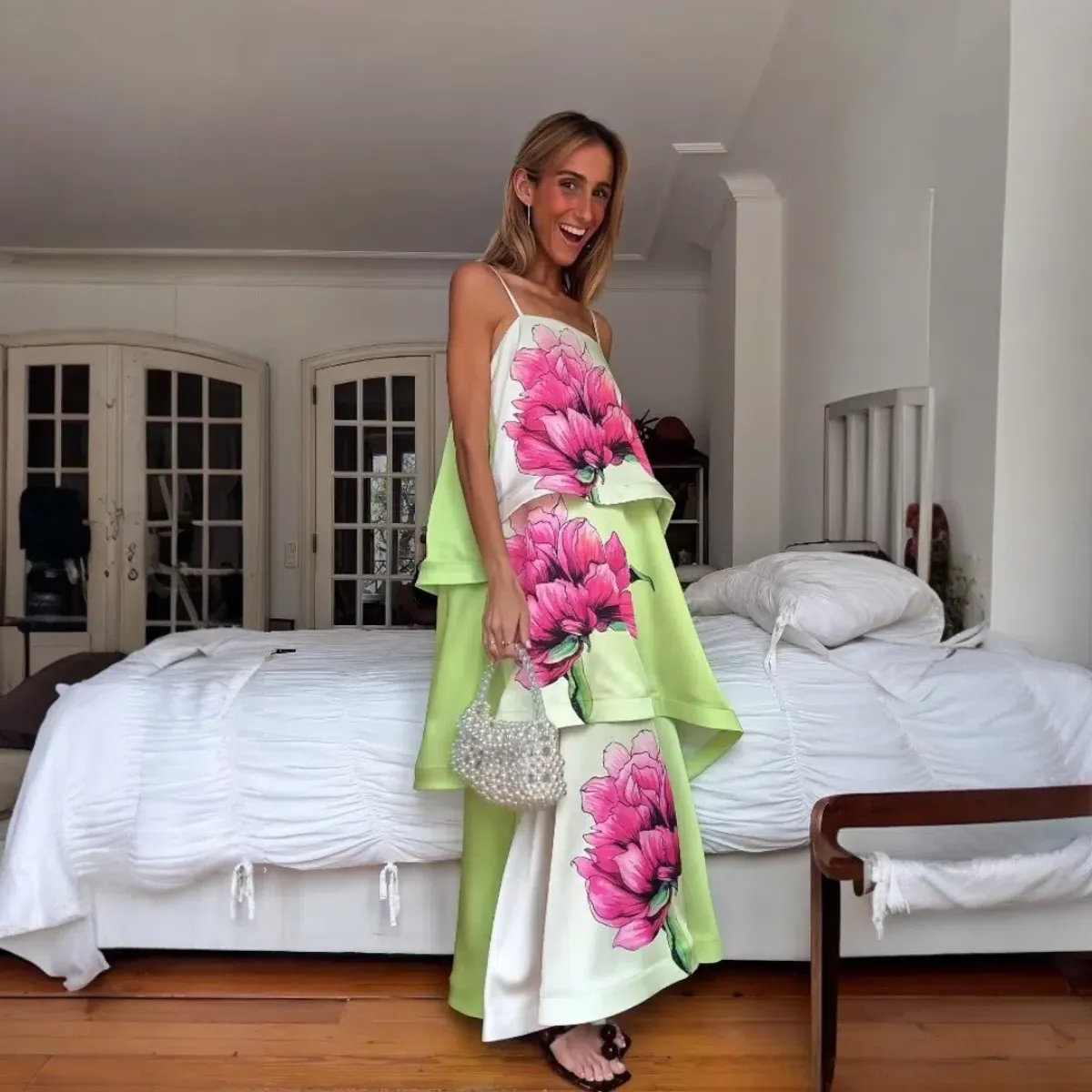 Elliatt Elisia Tiered Gown in Green & Pink Floral Small - Image 5