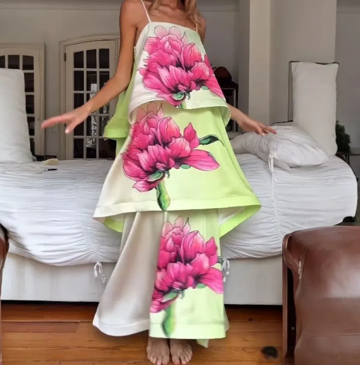 Elliatt Elisia Tiered Gown in Green & Pink Floral Small - Image 4