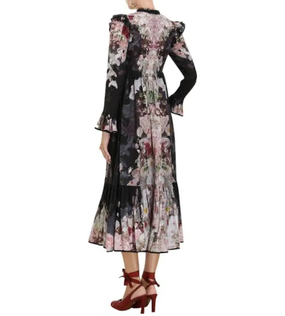 ZIMMERMANN DANCER TIE NECK MIDI DRESS BLACK GARDEN FLORAL SIZE 0 for rent on The Volte - main image