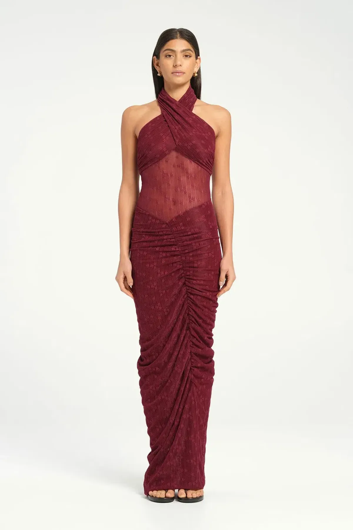 BENNI Hudson Lace Maxi Dress In Burgundy Sangria | Size AU 14 - Image 1