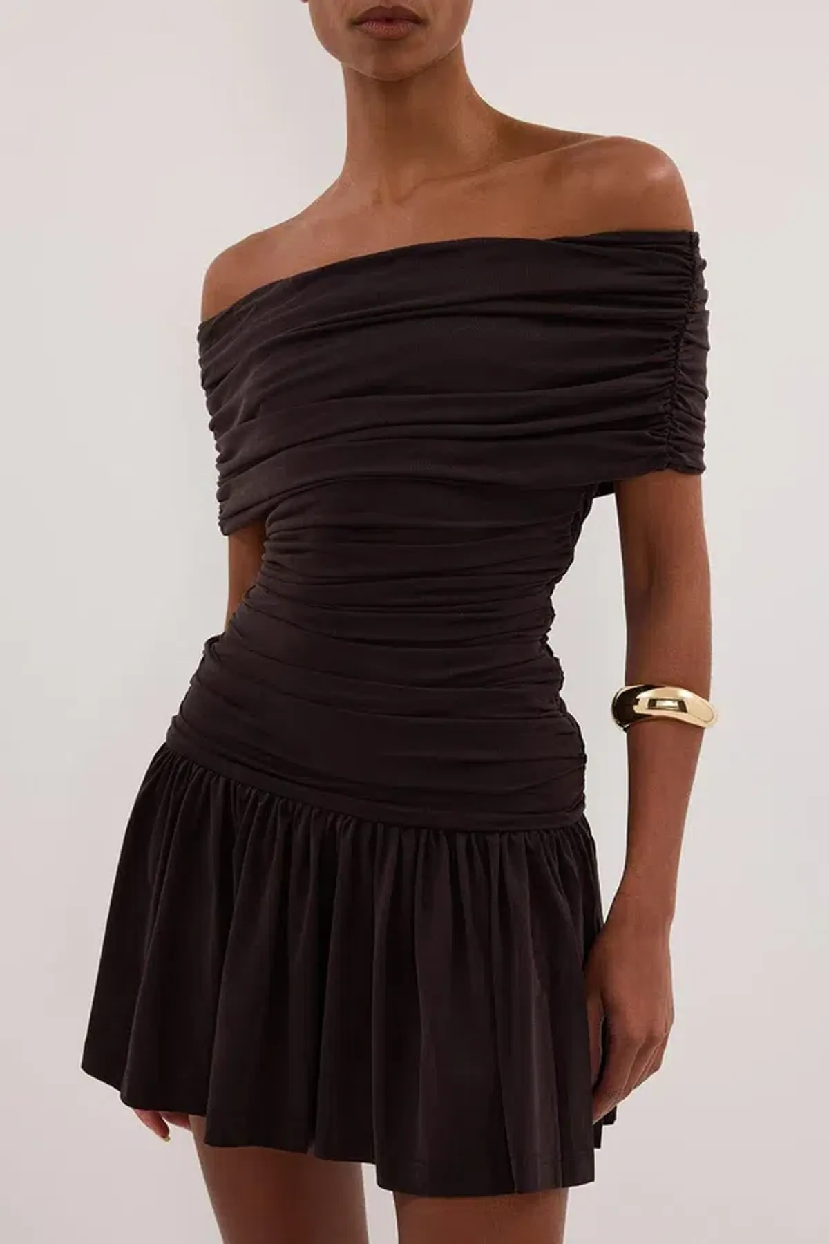 Dishh, burnt choc off shoulder mini dress - Image 1