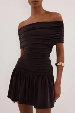 Dishh, burnt choc off shoulder mini dress for rent on The Volte - image 1