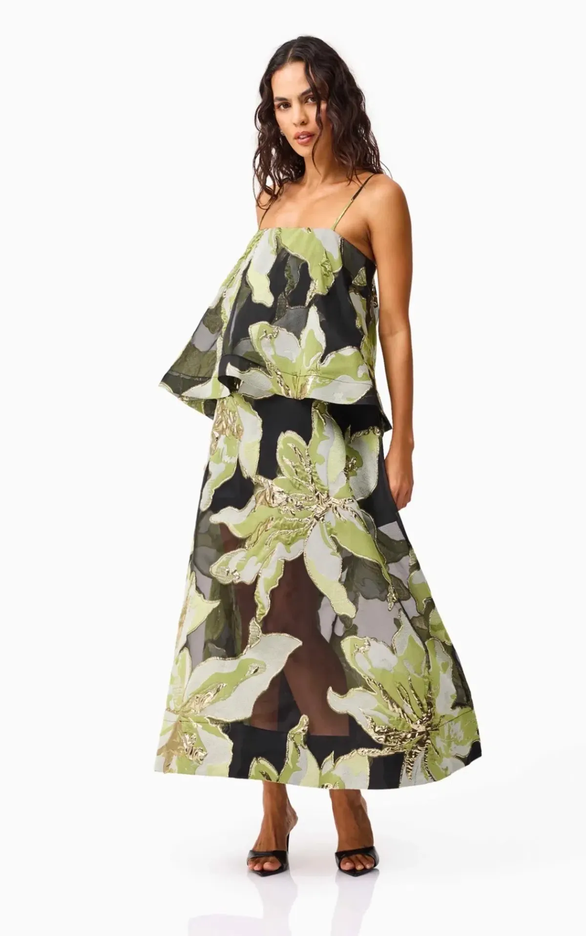 Elliatt Elysia Tiered Gown in Black & Green Floral Size M - Image 3