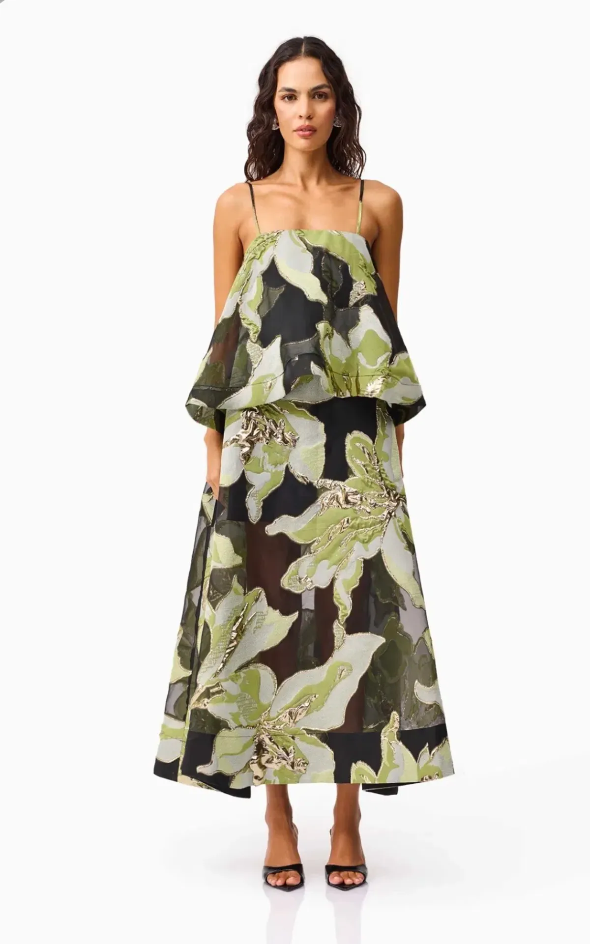 Elliatt Elysia Tiered Gown in Black & Green Floral Size M - Image 2