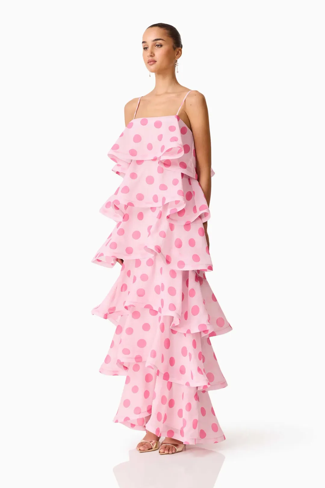 Elliatt Sola Tiered Maxi Dress size 8 Pink Polkadot for rent on The Volte - main image