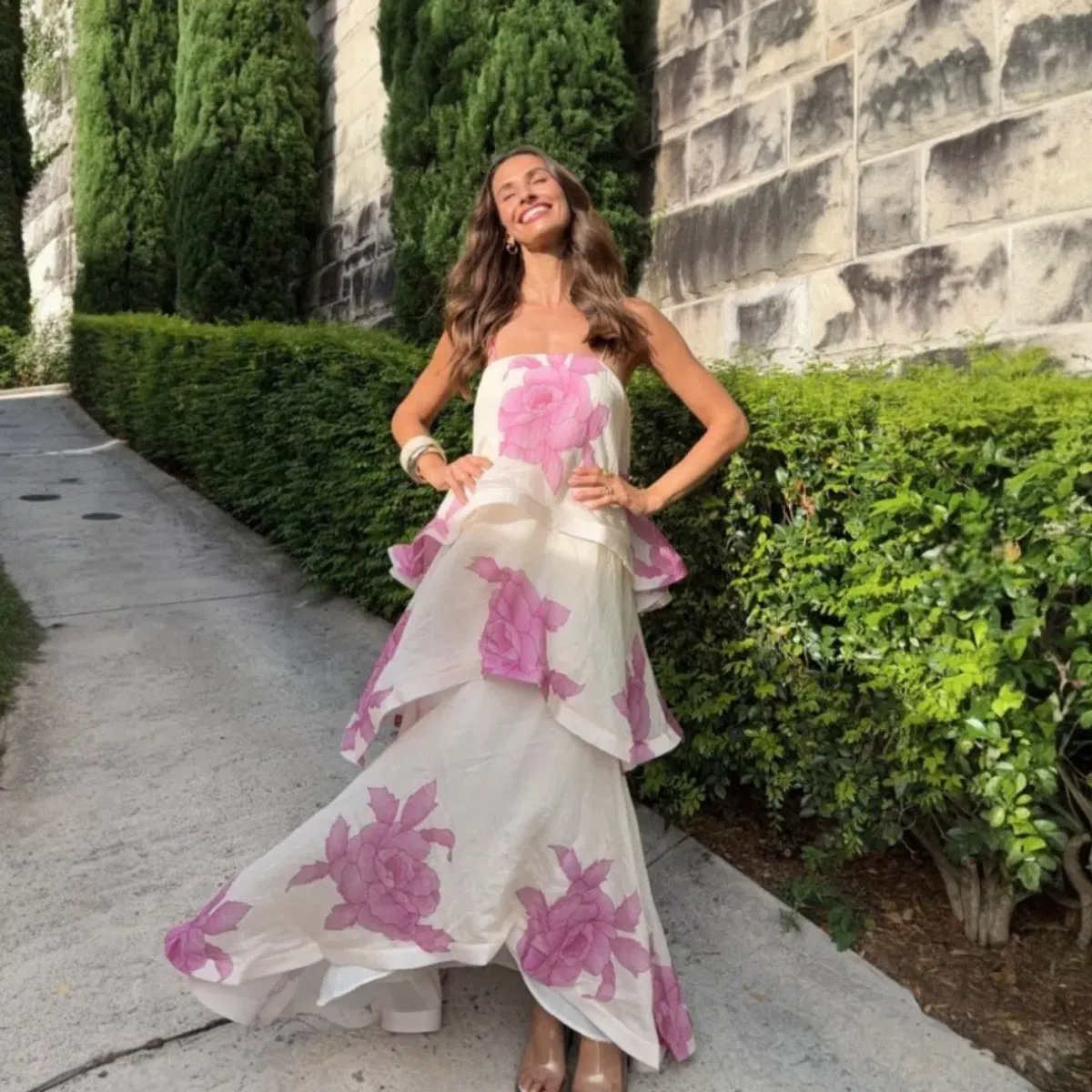 Elliatt Rova Tiered Gown in Cream & Pink Floral Size Large - Image 1