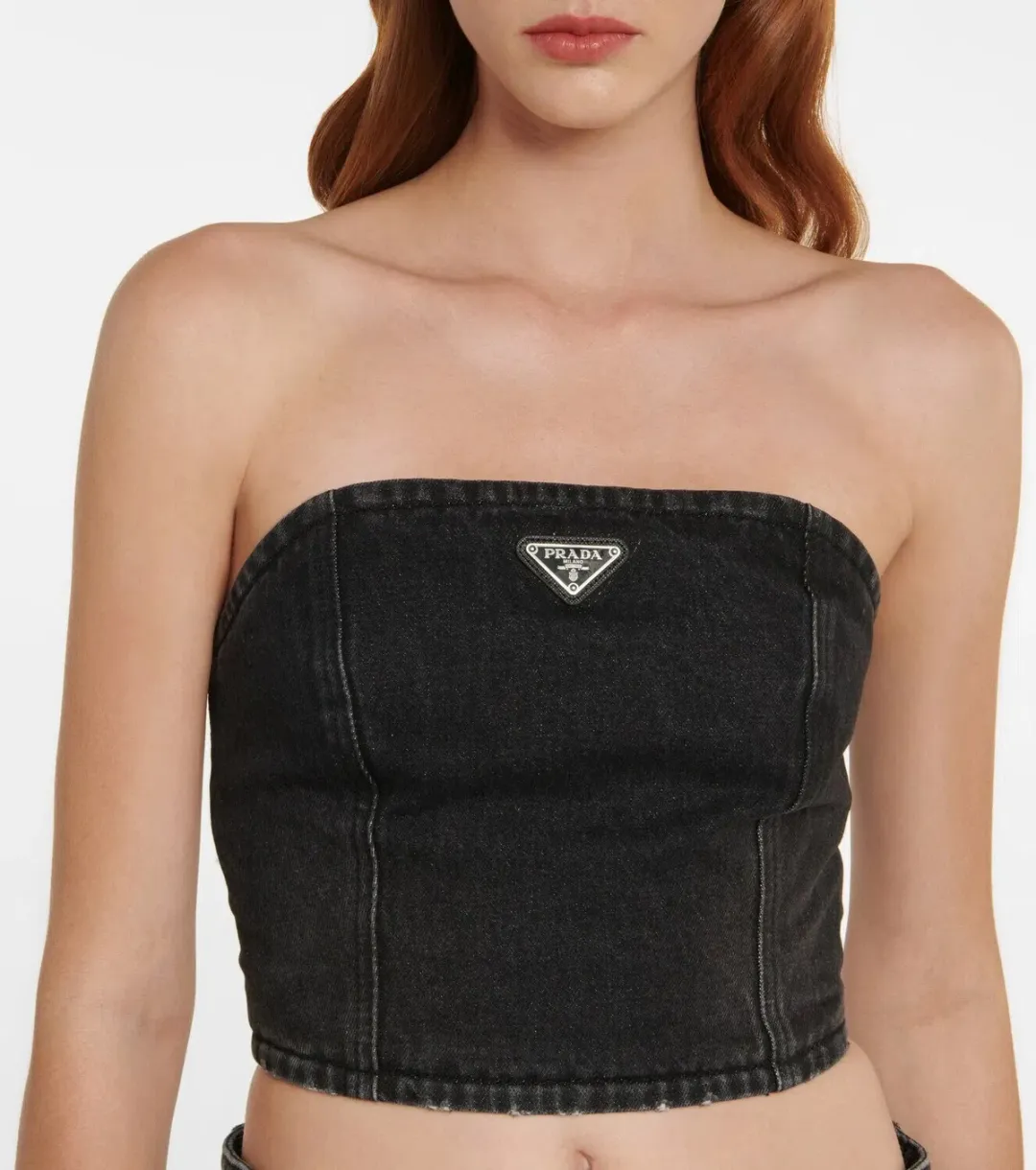 PRADA Black Logo Zipper Denim Bustier Top for rent on The Volte - main image