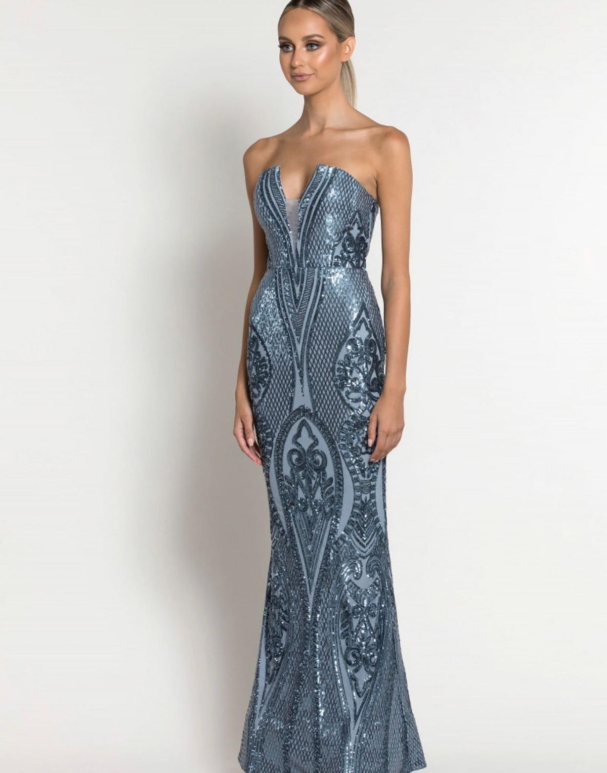 Maia Strapless Pattern Gown Anitque Blue Size 10 for rent on The Volte - main image