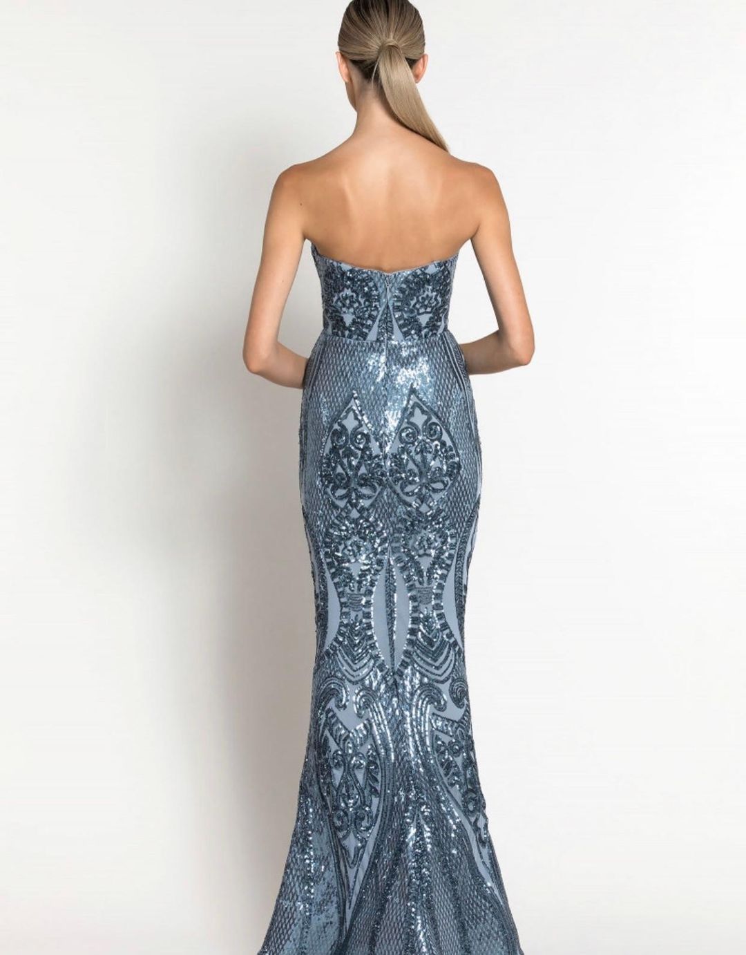 Maia Strapless Pattern Gown Anitque Blue Size 10 for rent on The Volte - main image
