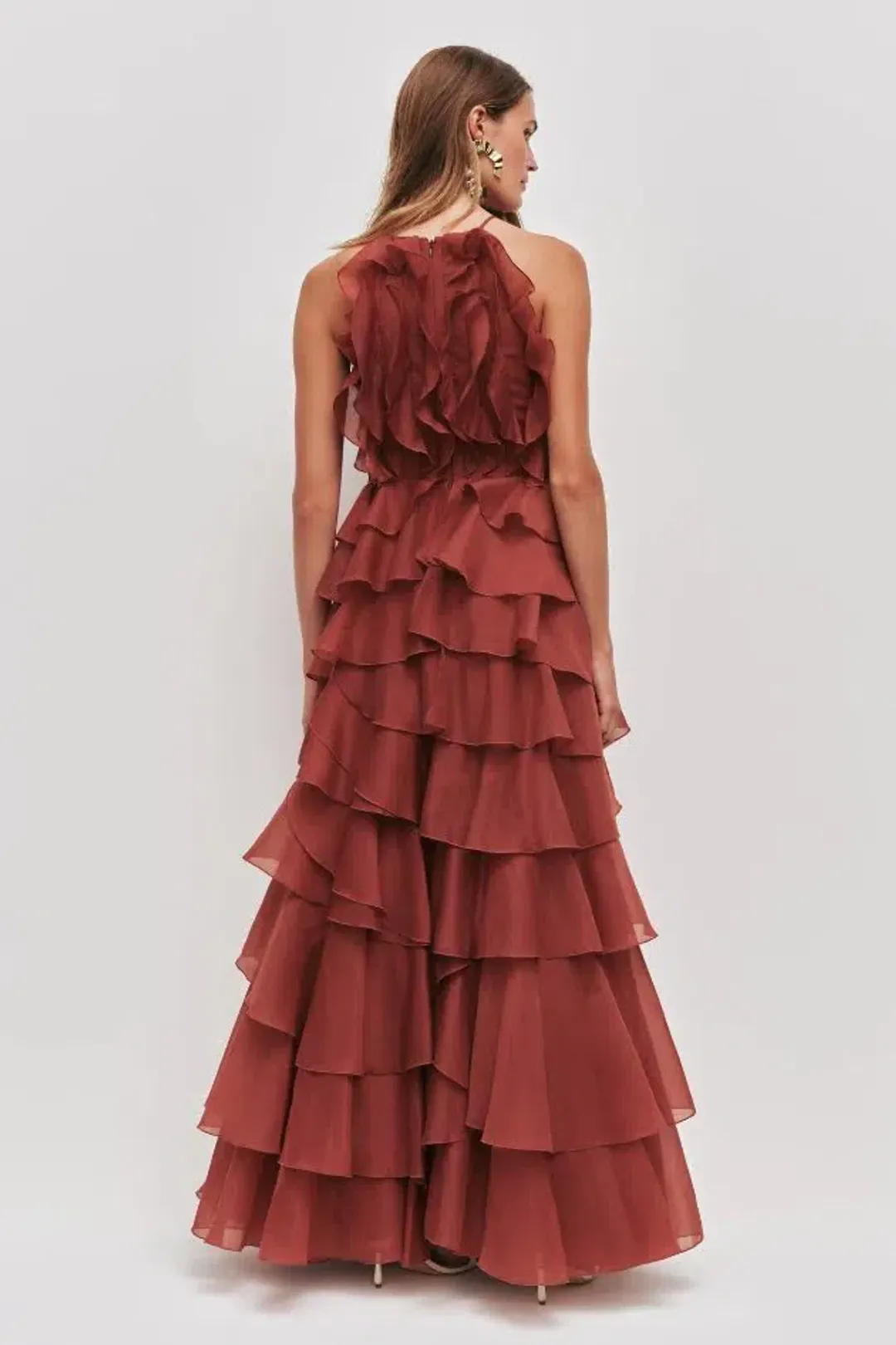🤎 Aje Cleo Gown in Rust Brown - Size 8 - Ruffle Tiered Maxi Dress 🤎 for rent on The Volte - main image